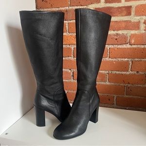 Black Leather Knee-High Heeled Boots (Kenneth Cole Justin Boot)